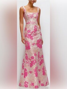 NEW Dessy Collection Hibiscus Pink Square Neck Trumpet Gown Sz 14